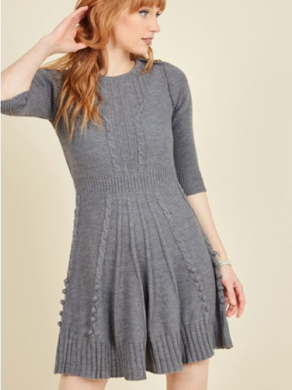 Gray Knit Midi Dress with Textured Cable Detail